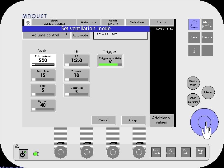 Mode Volume Control Volume control Basic Automode Admit patient Set ventilation mode Automode Trigger