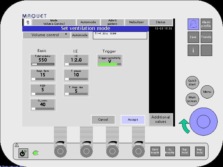 Mode Volume Control Volume control Basic Automode Admit patient Set ventilation mode Automode Trigger