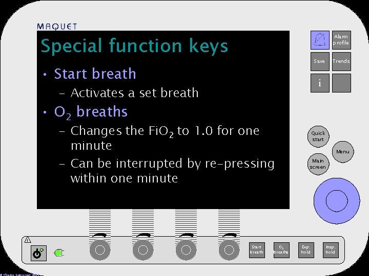 Special function keys Alarm profile 12 -25 15: 32 Save • Start breath Trends