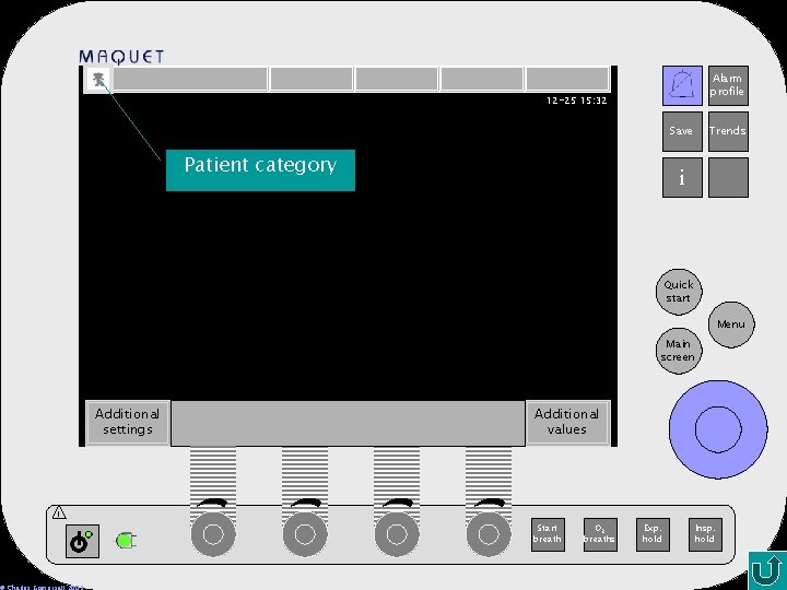 Alarm profile 12 -25 15: 32 Save Patient category Trends i Quick start Menu