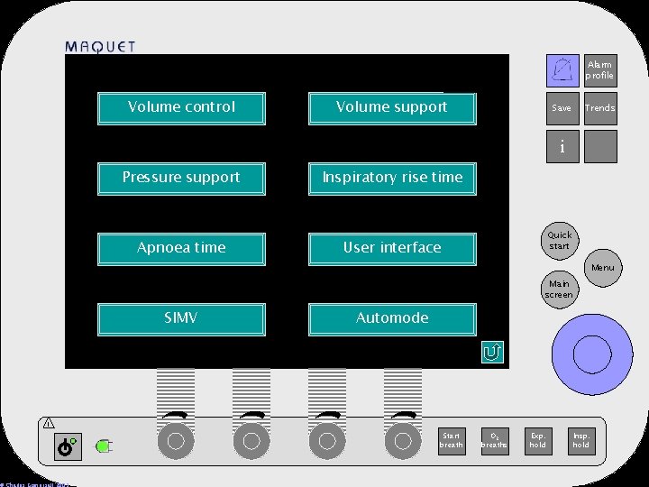 Alarm profile 12 -25 15: 32 Volume control Volume support Save Trends i Pressure