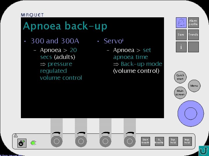 Apnoea back-up • 300 and 300 A – Apnoea > 20 secs (adults) pressure