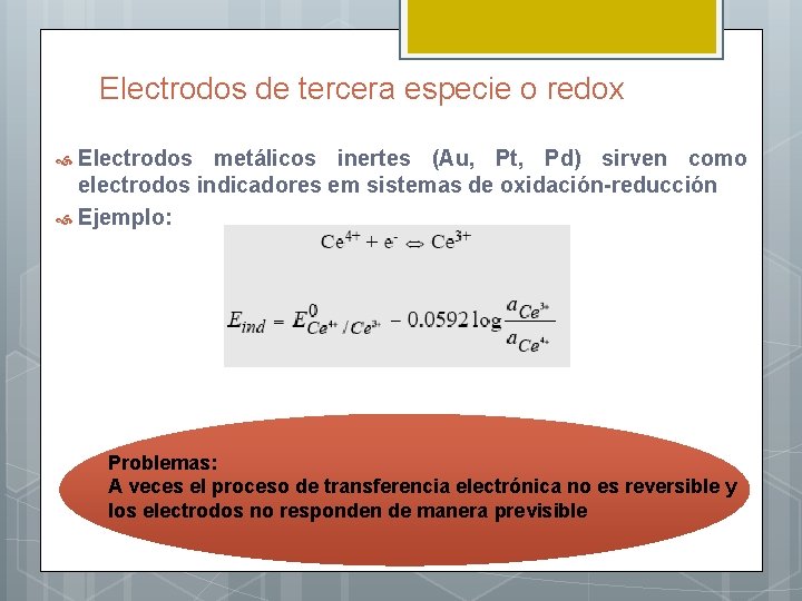Electrodos de tercera especie o redox Electrodos metálicos inertes (Au, Pt, Pd) sirven como