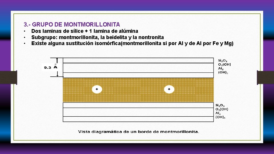 3. - GRUPO DE MONTMORILLONITA • • • Dos laminas de sílice + 1 3. - GRUPO DE MONTMORILLONITA • • • Dos laminas de sílice + 1