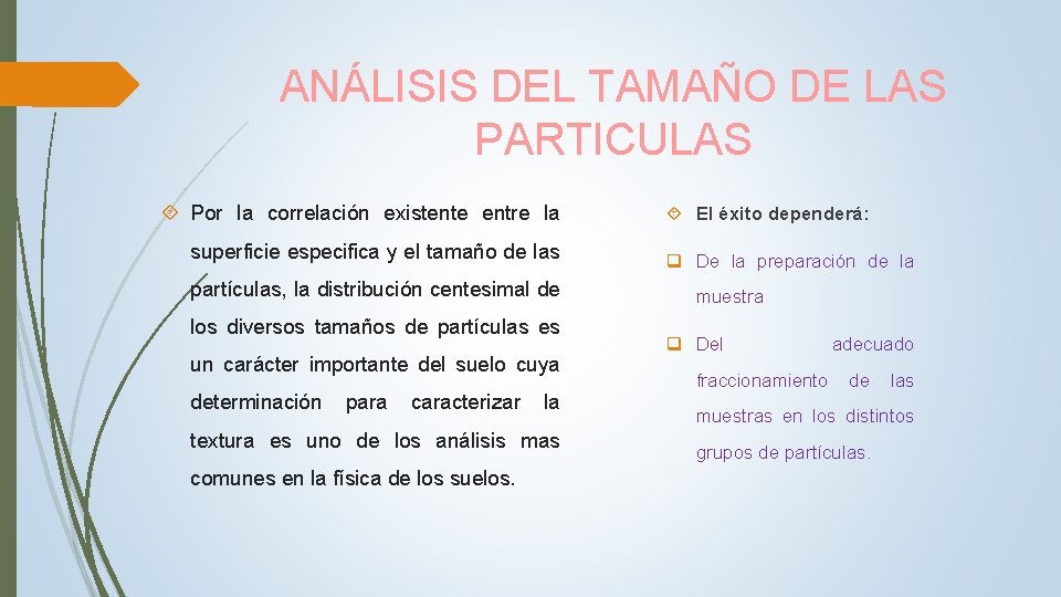 ANÁLISIS DEL TAMAÑO DE LAS PARTICULAS Por la correlación existente entre la superficie especifica ANÁLISIS DEL TAMAÑO DE LAS PARTICULAS Por la correlación existente entre la superficie especifica