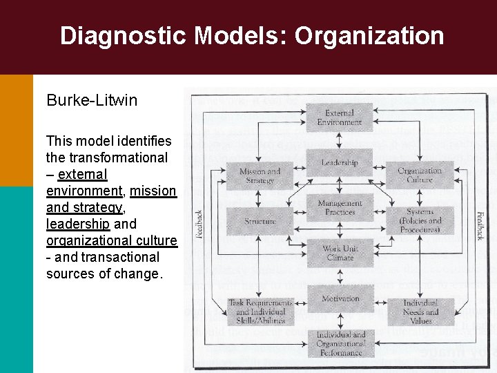 Diagnostic Models: Organization Burke-Litwin This model identifies the transformational – external environment, mission and