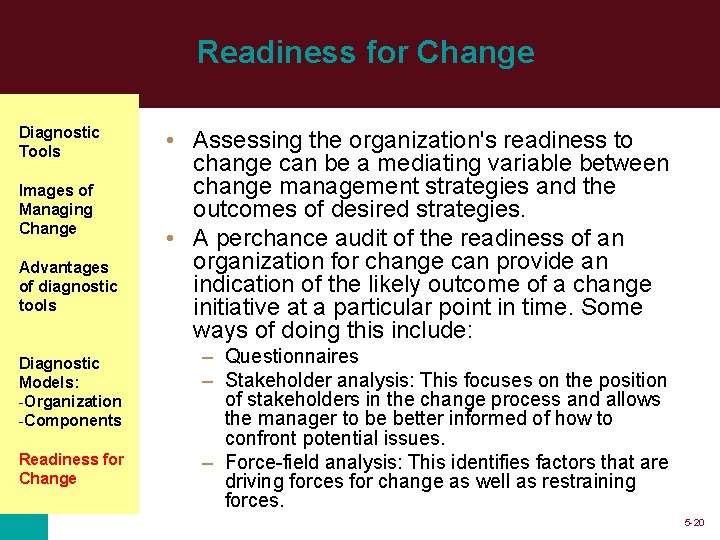 Readiness for Change Diagnostic Tools Images of Managing Change Advantages of diagnostic tools Diagnostic