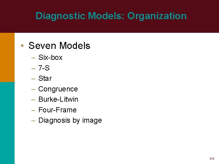 Diagnostic Models: Organization • Seven Models – – – – Six-box 7 -S Star