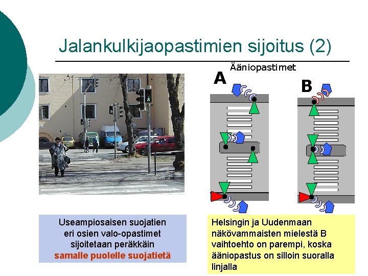 Jalankulkijaopastimien sijoitus (2) A Useampiosaisen suojatien eri osien valo-opastimet sijoitetaan peräkkäin samalle puolelle suojatietä