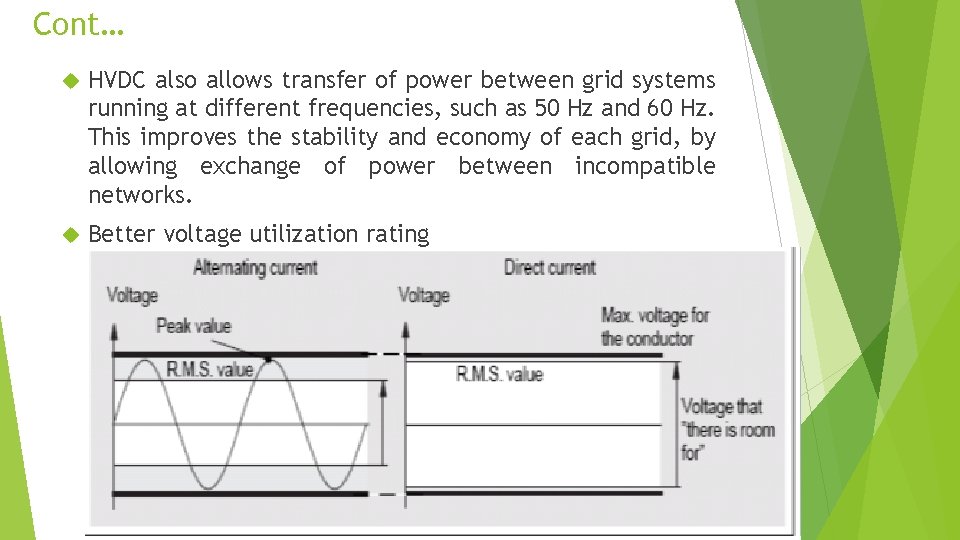 Cont… HVDC also allows transfer of power between grid systems running at different frequencies, Cont… HVDC also allows transfer of power between grid systems running at different frequencies,