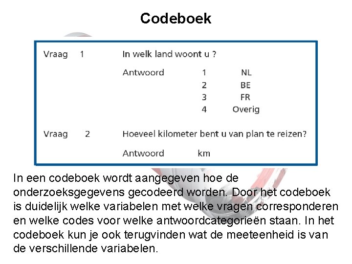 Codeboek In een codeboek wordt aangegeven hoe de onderzoeksgegevens gecodeerd worden. Door het codeboek