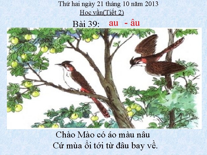 Thứ hai ngày 21 tháng 10 năm 2013 Học vần(Tiết 2) Bài 39: au