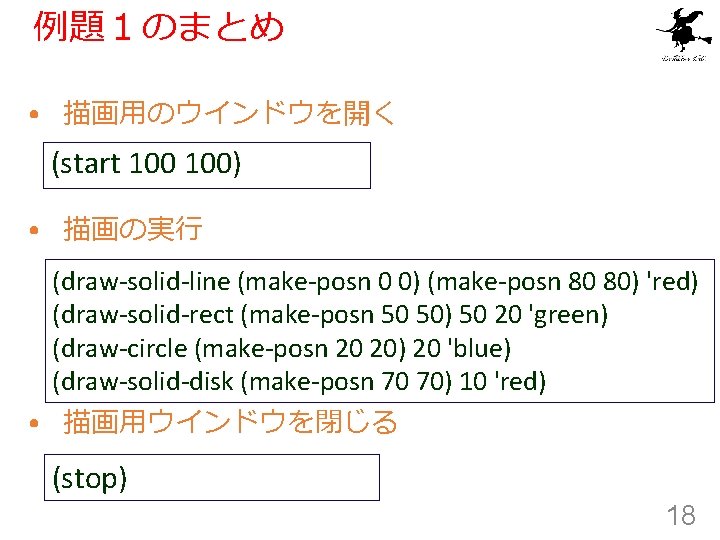 例題１のまとめ • 描画用のウインドウを開く (start 100)　　 • 描画の実行 (draw-solid-line (make-posn 0 0) (make-posn 80 80)