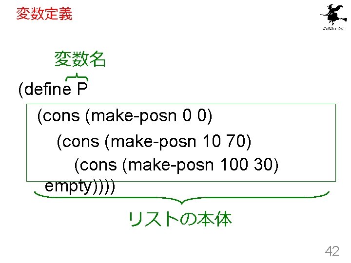 変数定義 変数名 (define P (cons (make-posn 0 0) (cons (make-posn 10 70) (cons (make-posn