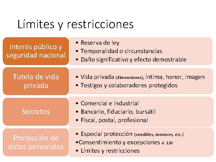 Límites y restricciones Interés público y seguridad nacional Tutela de vida privada Secretos Protección