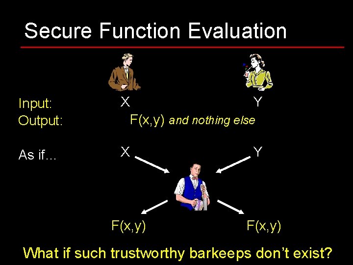 Secure Function Evaluation Input: Output: X As if… X Y F(x, y) and nothing Secure Function Evaluation Input: Output: X As if… X Y F(x, y) and nothing
