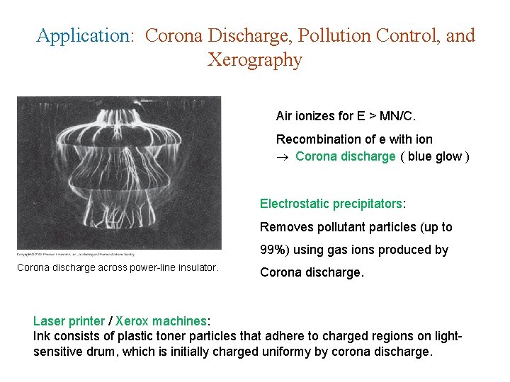 Application: Corona Discharge, Pollution Control, and Xerography Air ionizes for E > MN/C. Recombination Application: Corona Discharge, Pollution Control, and Xerography Air ionizes for E > MN/C. Recombination