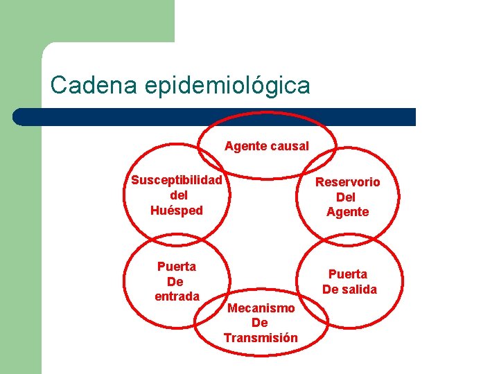 Cadena epidemiológica Agente causal Susceptibilidad del Huésped Reservorio Del Agente Puerta De entrada Puerta