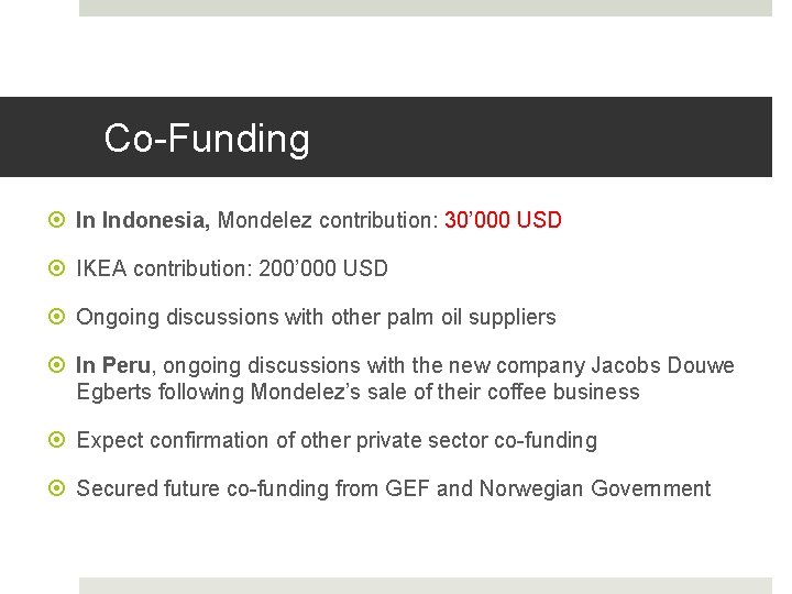 Co-Funding In Indonesia, Mondelez contribution: 30’ 000 USD IKEA contribution: 200’ 000 USD Ongoing
