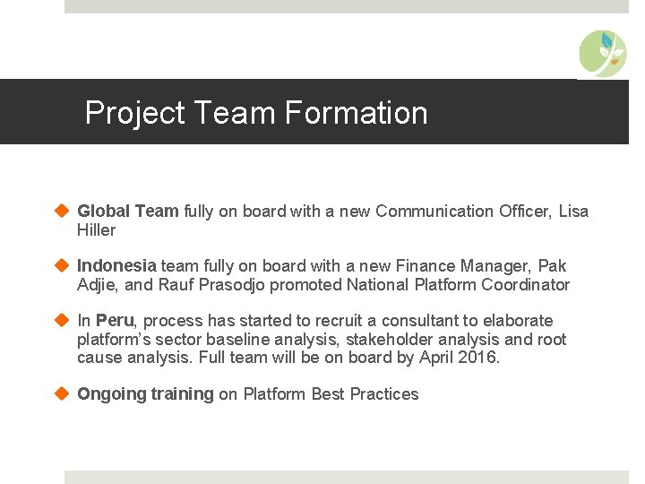 Project Team Formation u Global Team fully on board with a new Communication Officer,