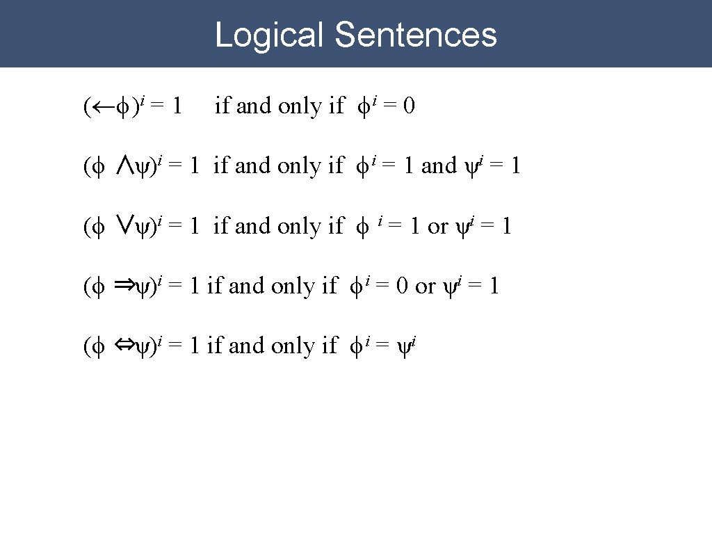Logical Sentences (¬ϕ)i = 1 if and only if ϕ i = 0 (ϕ Logical Sentences (¬ϕ)i = 1 if and only if ϕ i = 0 (ϕ