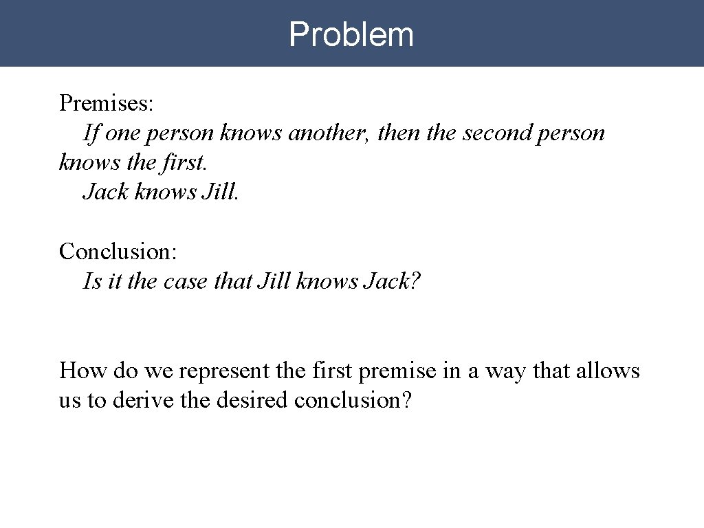 Problem Premises: If one person knows another, then the second person knows the first. Problem Premises: If one person knows another, then the second person knows the first.