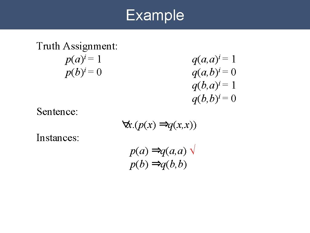 Example Truth Assignment: p(a)i = 1 p(b)i = 0 q(a, a)i = 1 q(a, Example Truth Assignment: p(a)i = 1 p(b)i = 0 q(a, a)i = 1 q(a,