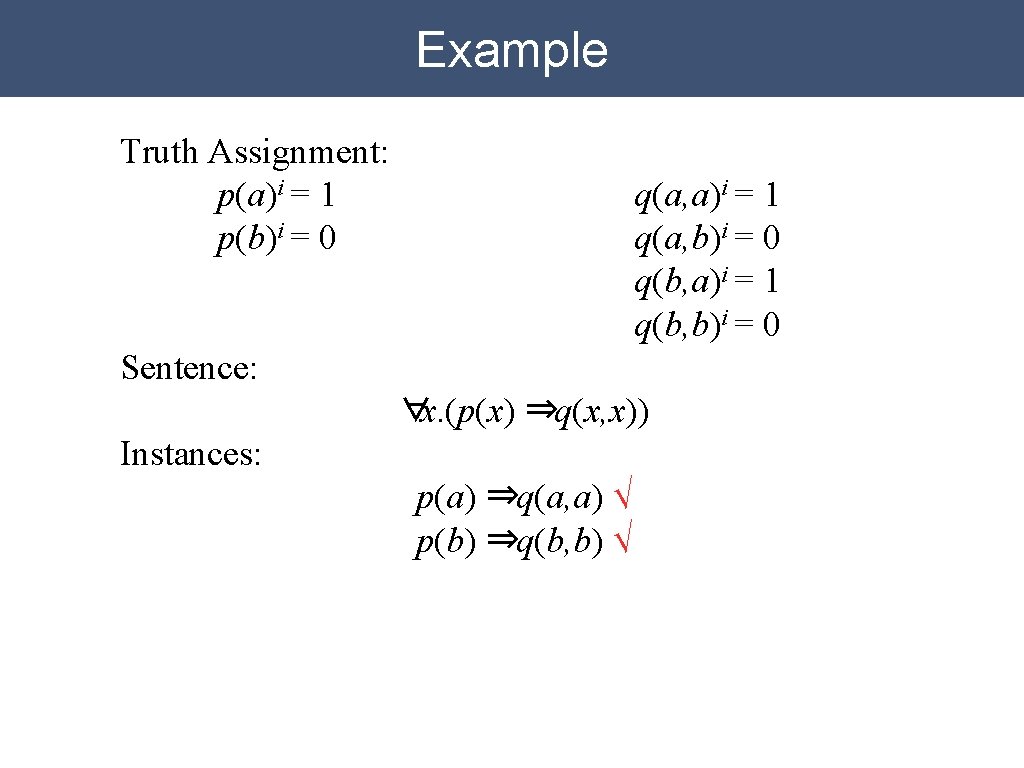 Example Truth Assignment: p(a)i = 1 p(b)i = 0 q(a, a)i = 1 q(a, Example Truth Assignment: p(a)i = 1 p(b)i = 0 q(a, a)i = 1 q(a,