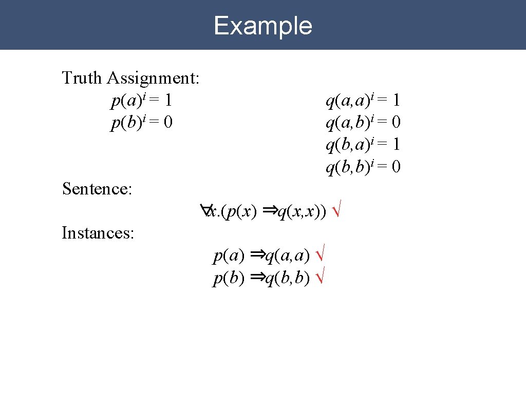 Example Truth Assignment: p(a)i = 1 p(b)i = 0 q(a, a)i = 1 q(a, Example Truth Assignment: p(a)i = 1 p(b)i = 0 q(a, a)i = 1 q(a,