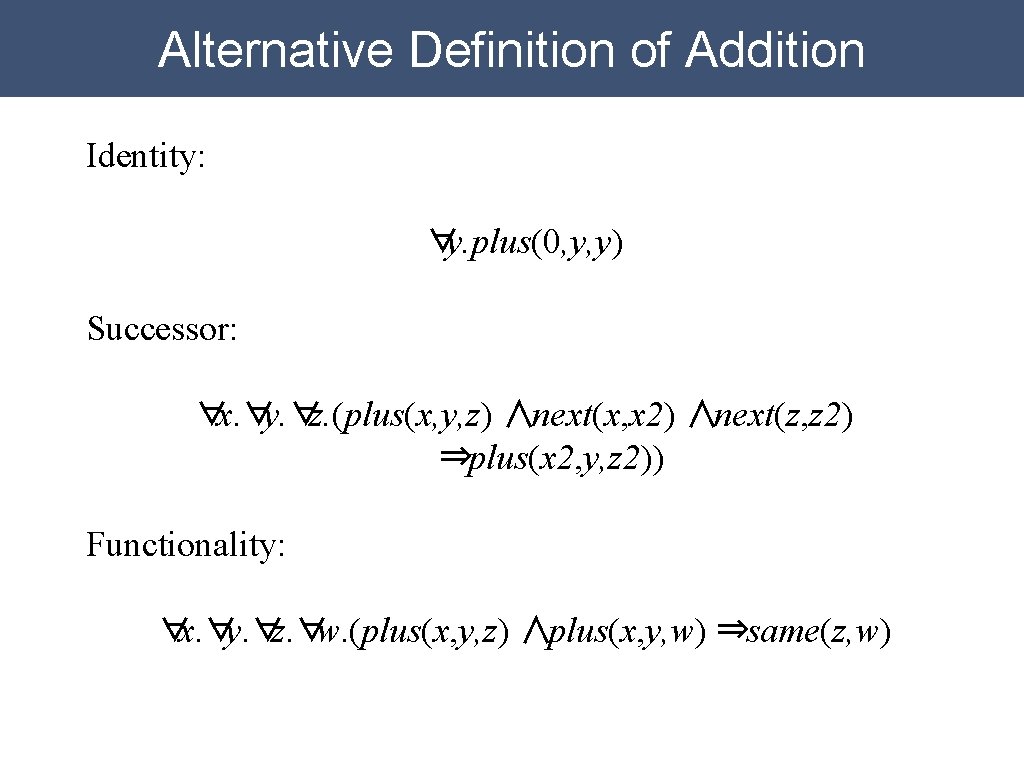 Alternative Definition of Addition Identity: ∀y. plus(0, y, y) Successor: ∀x. ∀y. ∀z. (plus(x, Alternative Definition of Addition Identity: ∀y. plus(0, y, y) Successor: ∀x. ∀y. ∀z. (plus(x,