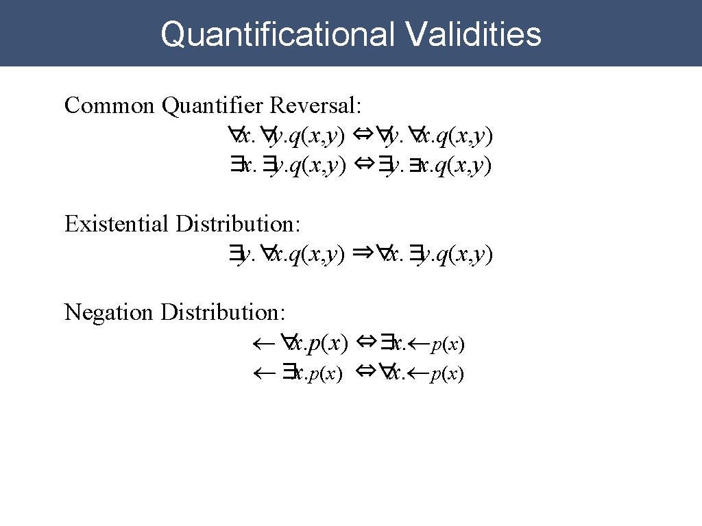 Quantificational Validities Common Quantifier Reversal: ∀x. ∀y. q(x, y) ⇔∀y. ∀x. q(x, y) ∃x. Quantificational Validities Common Quantifier Reversal: ∀x. ∀y. q(x, y) ⇔∀y. ∀x. q(x, y) ∃x.