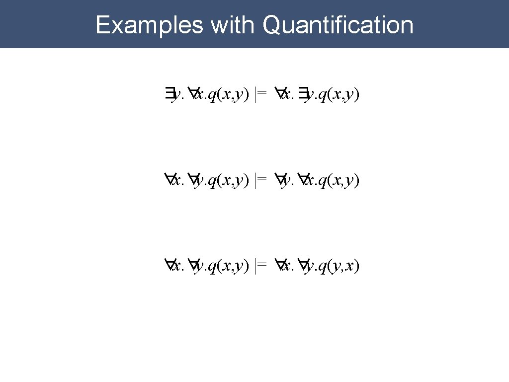 Examples with Quantification ∃y. ∀x. q(x, y) |= ∀x. ∃y. q(x, y) ∀x. ∀y. Examples with Quantification ∃y. ∀x. q(x, y) |= ∀x. ∃y. q(x, y) ∀x. ∀y.