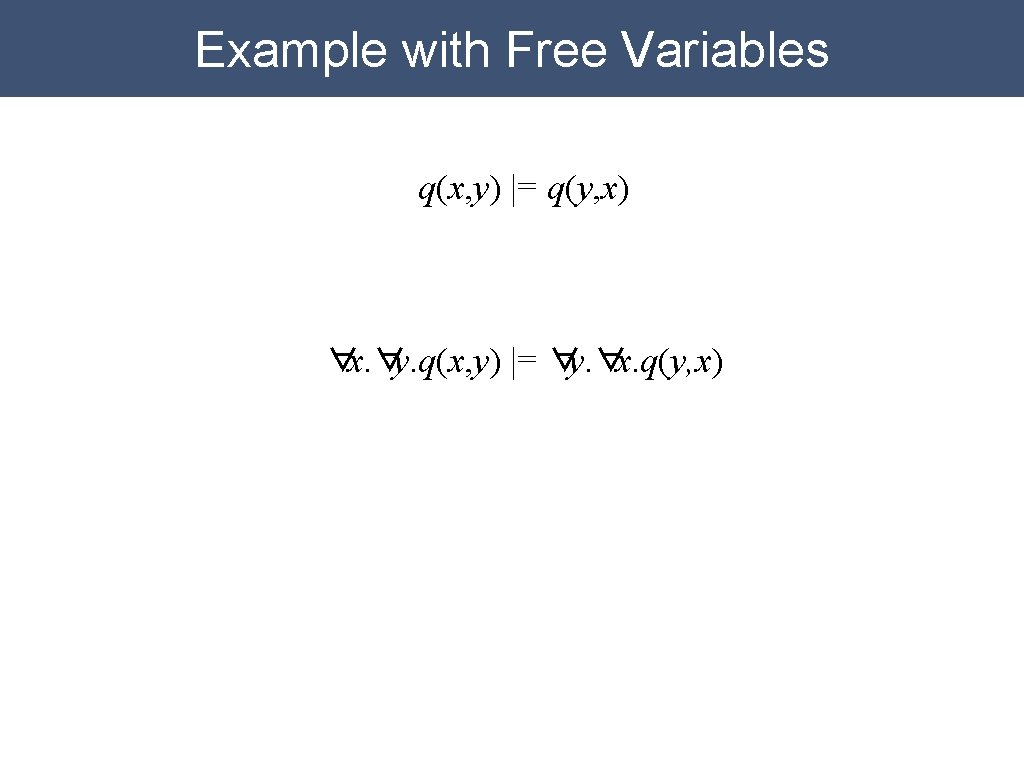 Example with Free Variables q(x, y) |= q(y, x) ∀x. ∀y. q(x, y) |= Example with Free Variables q(x, y) |= q(y, x) ∀x. ∀y. q(x, y) |=