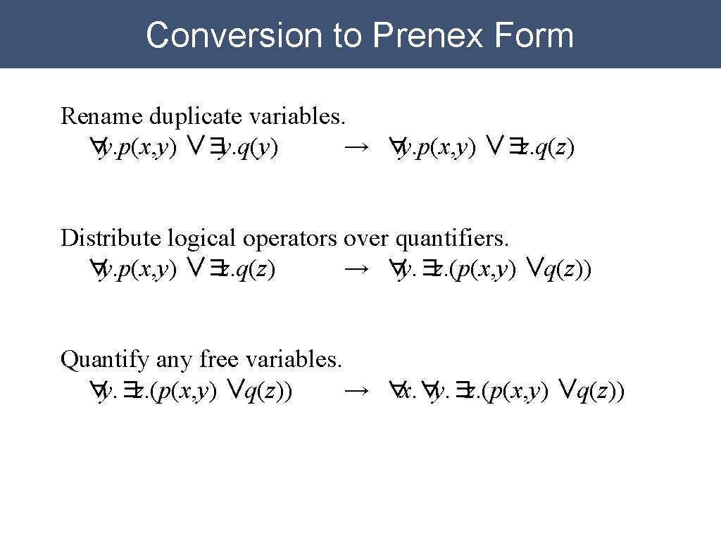 Conversion to Prenex Form Rename duplicate variables. ∀y. p(x, y) ∨∃y. q(y) → ∀y. Conversion to Prenex Form Rename duplicate variables. ∀y. p(x, y) ∨∃y. q(y) → ∀y.