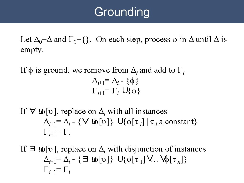 Grounding Let Δ 0=Δ and Γ 0={}. On each step, process ϕ in Δ Grounding Let Δ 0=Δ and Γ 0={}. On each step, process ϕ in Δ