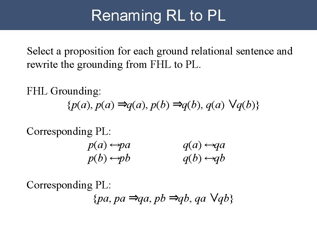 Renaming RL to PL Select a proposition for each ground relational sentence and rewrite Renaming RL to PL Select a proposition for each ground relational sentence and rewrite