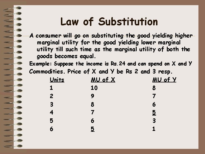 Law of Substitution A consumer will go on substituting the good yielding higher marginal Law of Substitution A consumer will go on substituting the good yielding higher marginal