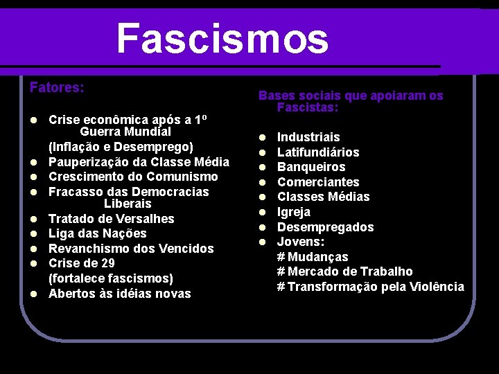 Fascismos Fatores: l l l l l Crise econômica após a 1º Guerra Mundial