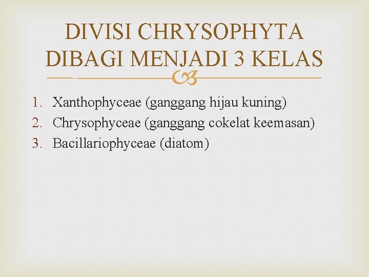 DIVISI CHRYSOPHYTA DIBAGI MENJADI 3 KELAS 1. Xanthophyceae (gang hijau kuning) 2. Chrysophyceae (gang