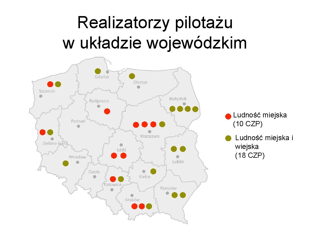 Realizatorzy pilotażu w układzie wojewódzkim Ludność miejska (10 CZP) Ludność miejska i wiejska (18