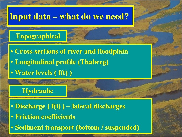 Input data – what do we need? Topographical • Cross-sections of river and floodplain