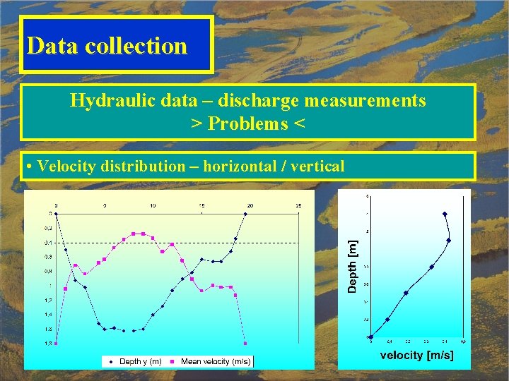 Data collection Hydraulic data – discharge measurements > Problems < • Velocity distribution –