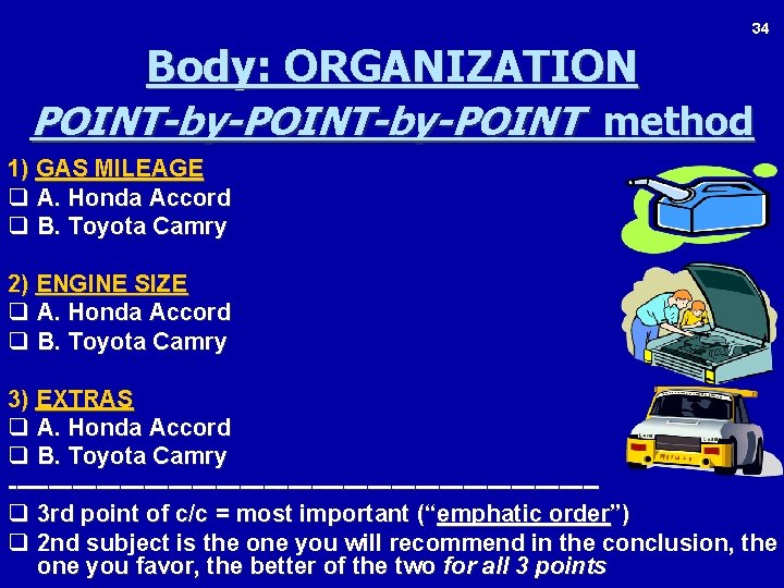 34 Body: ORGANIZATION POINT-by-POINT method 1) GAS MILEAGE q A. Honda Accord q B.