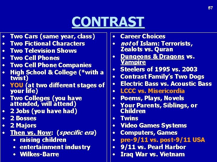57 CONTRAST • • • Two Cars (same year, class) Two Fictional Characters Two
