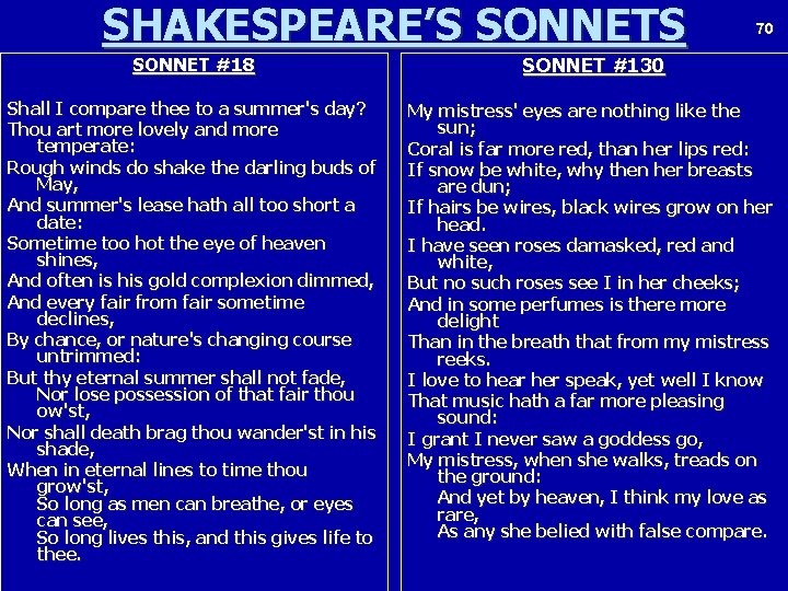 SHAKESPEARE’S SONNETS 70 SONNET #18 SONNET #130 Shall I compare thee to a summer's