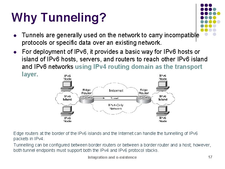 Why Tunneling? l l Tunnels are generally used on the network to carry incompatible