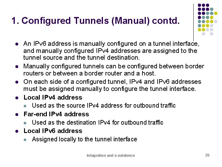 1. Configured Tunnels (Manual) contd. l l l An IPv 6 address is manually