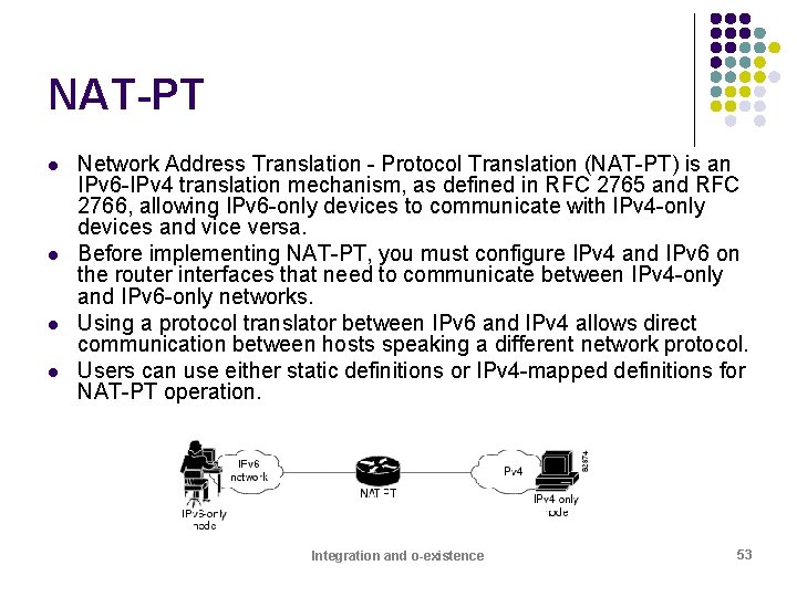 NAT-PT l l Network Address Translation - Protocol Translation (NAT-PT) is an IPv 6
