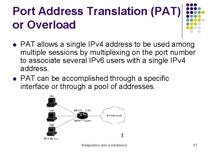 Port Address Translation (PAT) or Overload l l PAT allows a single IPv 4