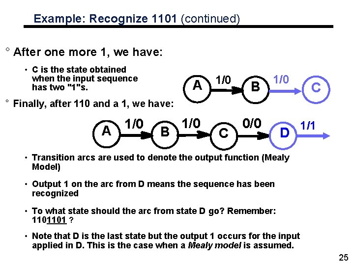 Example: Recognize 1101 (continued) ° After one more 1, we have: • C is